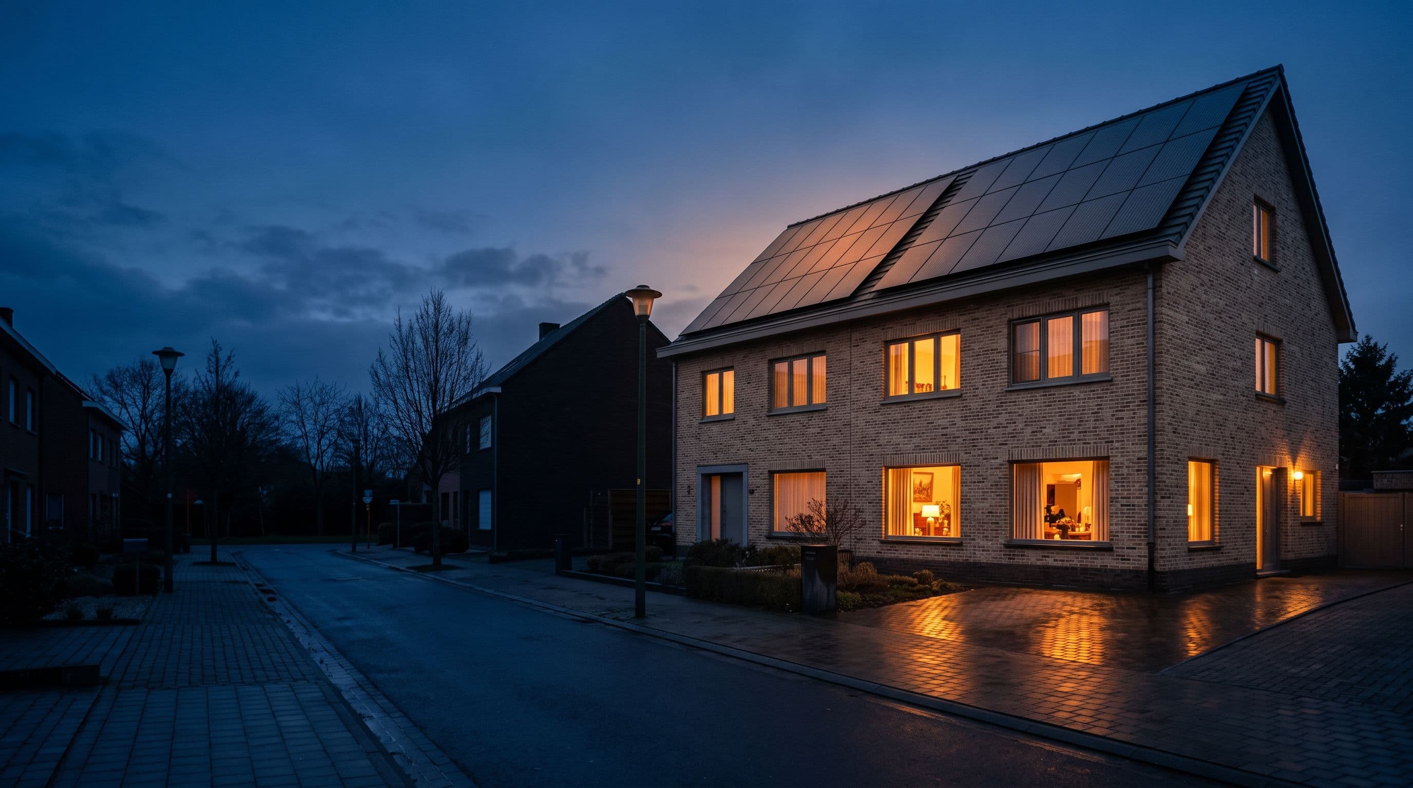 Un technicien EMS, tablette de relevés en main, devant une maison belge équipée de panneaux solaires en fin de journée.