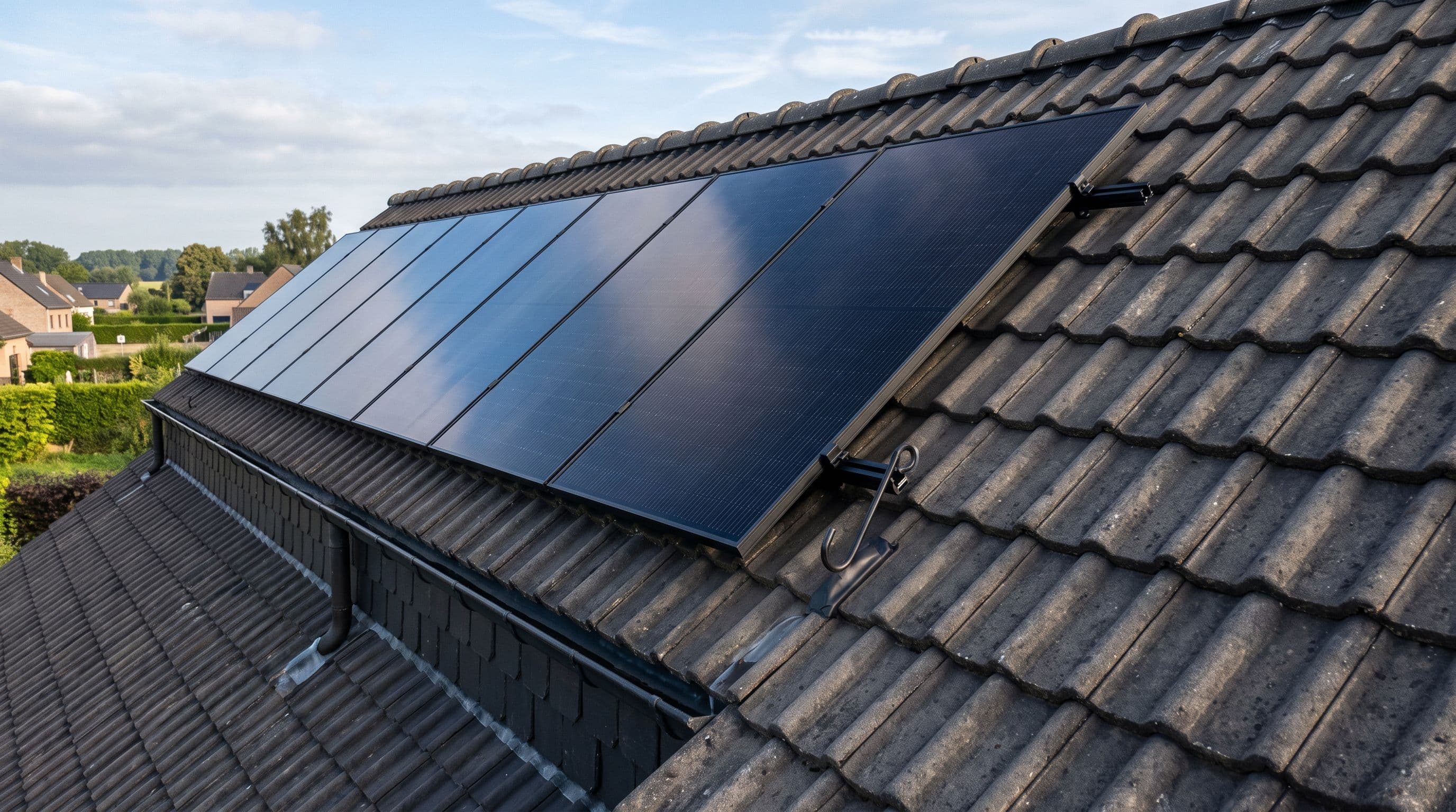 Gros plan sur une toiture en tuiles grises équipée d'une rangée nette de panneaux solaires noirs, au petit matin.
